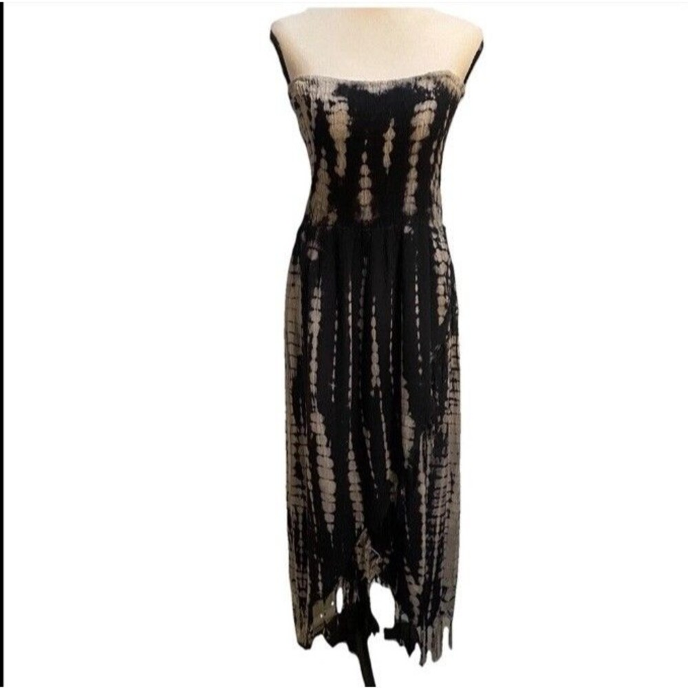 Boho Tie Dye Maxi Dress L Large Smocked Bodice Stretch Goth Summer Fringe Wrap